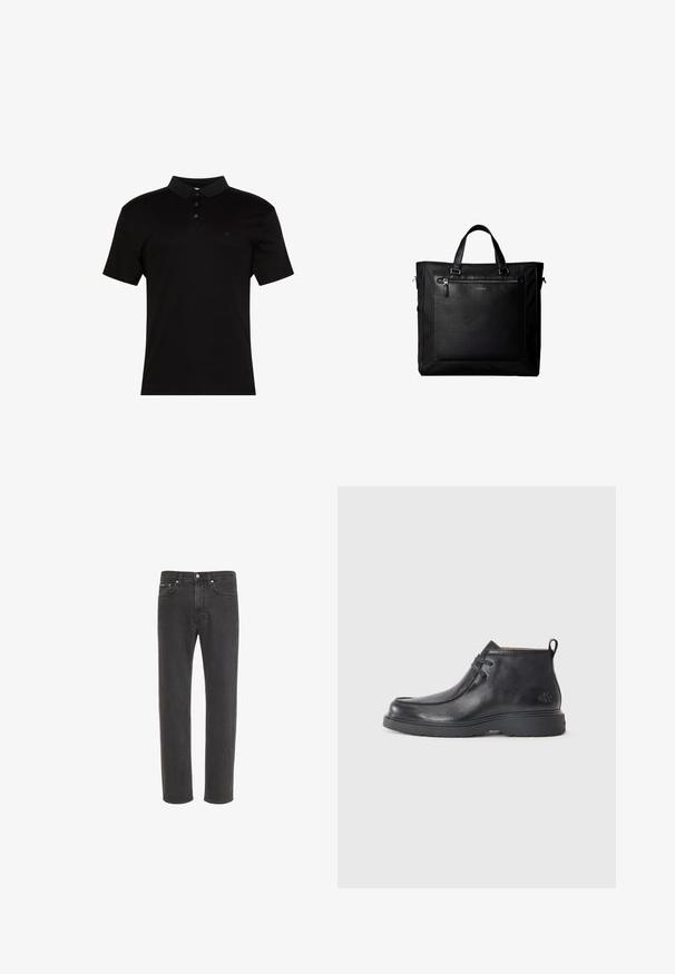 Polo negro de tela suave, con cuello de solapa, tapeta con tres botones y un pequeño logo en el lado izquierdo del pecho.; Vaqueros negros de corte recto con cierre delantero de botón y cremallera, bolsillos delanteros y traseros, mostrados sobre fondo blanco.; Botas de cuero negras hasta el tobillo con punta redondeada, diseño con cordones y una lengüeta en la parte trasera. Parte superior texturizada y suela de goma.; Bolsa tote negra con asas dobles, gran bolsillo delantero de cuero con cremallera y sutil logo de Calvin Klein en el centro del bolsillo.