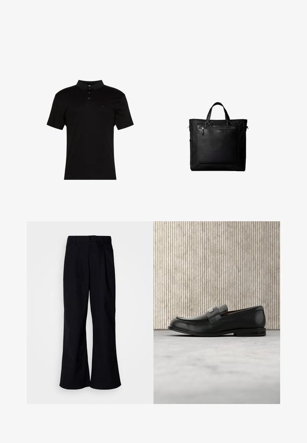 Zwart poloshirt van glad materiaal, met een kraag, een knoopsluiting met drie knopen en een klein logo op de linkerborst.; Zwarte wijde pantalon van katoen met een voorkruis, voorzien van een knoopsluiting en riemlussen, met een soepele textuur en zonder zichtbare patronen.; Zwarte leren loafer met een metalen merktekenplaatje, rustend bij een bruine ronde tafel op een beige tapijtvloer.; Zwarte tote bag met dubbele handvatten, grote voorste leren zak met ritssluiting en subtiel Calvin Klein-logo in het midden van de zak.
