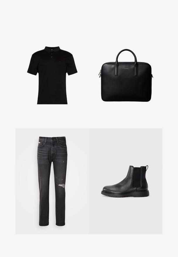 Polo negro de tela suave, con cuello de solapa, tapeta con tres botones y un pequeño logo en el lado izquierdo del pecho.; Jeans de mezclilla negra con un diseño de pierna recta, detalles desgastados en la rodilla, estilo de cinco bolsillos y un sutil acabado deslavado.; Botas Chelsea de cuero negro con acabado texturizado, paneles laterales elásticos y una suela de goma resistente. Marca sutil en el talón.; Maletín de cuero negro texturizado con doble asa y tiradores de cremallera plateados, centrado sobre fondo blanco.