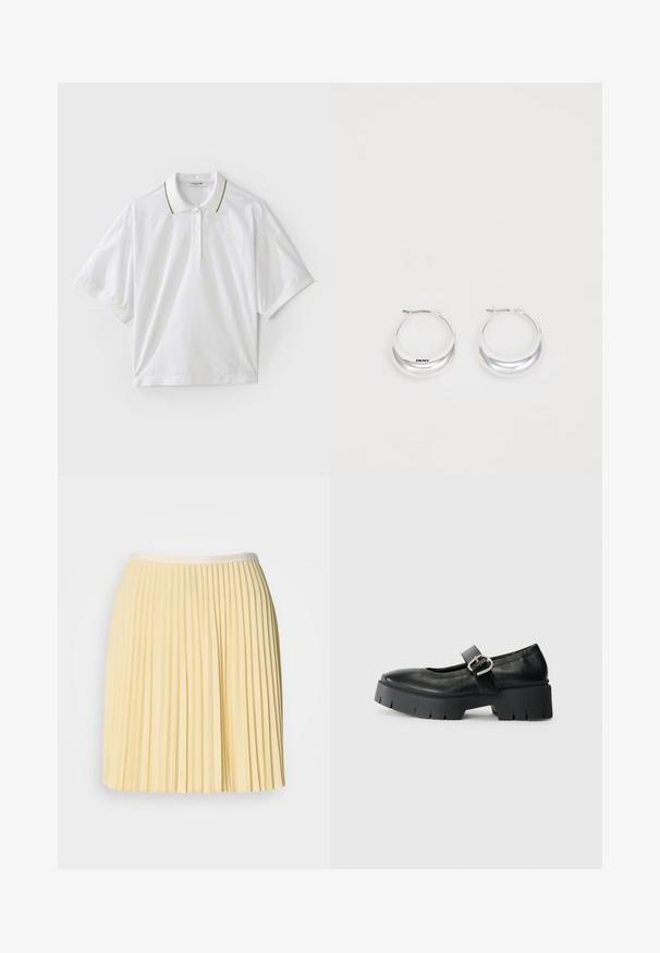 Camisa polo blanca de manga corta, con un tapeta abotonada, acentos en el cuello en verde y amarillo, y detalles de malla en los laterales. Logo de LACOSTE presente.; Falda plisada de color amarillo pálido con una cinta en la cintura que presenta el logo de Lacoste. Fabricada en material ligero, tiene un diseño fluido y una textura suave.; Zapatos Mary Jane de cuero negro con suela de plataforma gruesa, punta redonda y detalle de hebilla lateral. Textura suave con costuras mínimas.; Pendientes de aro de plata con un acabado pulido y la marca DKNY, exhibidos sobre un fondo blanco liso.