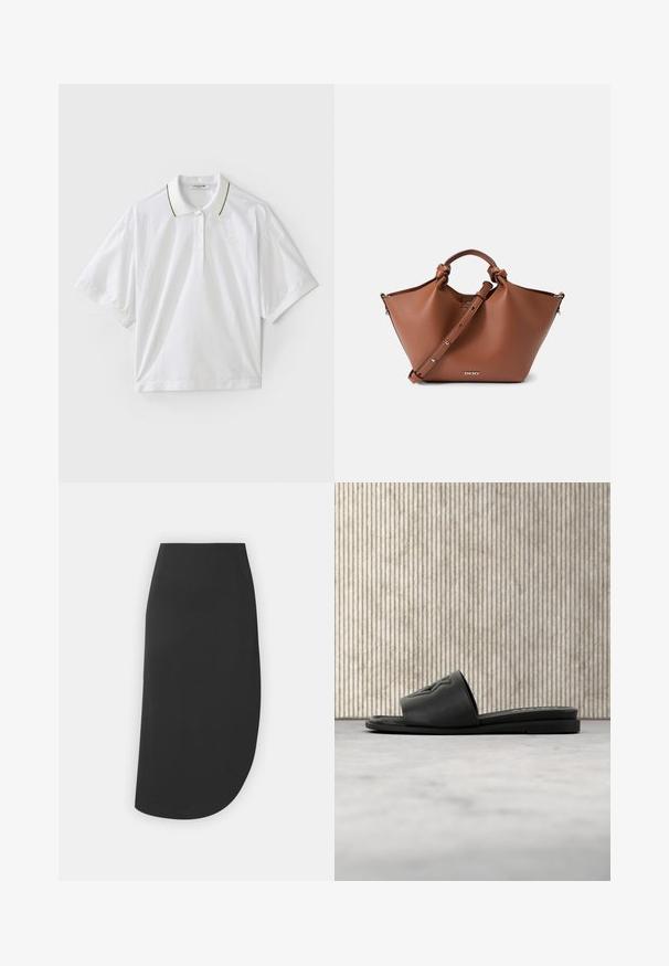 Hvid polo skjorte med korte ærmer, med en knaplukning, grønne og gule krave accenter og mesh-detaljer i siderne. LACOSTE logo til stede.; Sort knælang nederdel med en asymmetrisk kant, glat tekstur og uden synlige lukninger eller mønstre, designet til et minimalistisk look.; Sort slidesandal med præget bogstaver "D" og "N" på remmen, placeret på et lyst tæppe nær et ravfarvet gennemsigtigt bord.; Brun læderhåndtaske med en struktureret overflade, der har et rundt håndtag og en justerbar rem. DKNY-logoet foran.