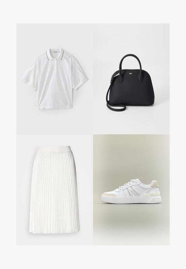 Witte polo met korte mouwen, voorzien van een knoopsluiting, groene en gele kraagaccenten en zijkanten van mesh. LACOSTE-logo aanwezig.; Plissé witte rok met een gladde tailleband, knielange ontwerp, met een vloeiende textuur en constante verticale plooien.; Witte sneaker van glad leer met beige suède accenten. Kenmerkt zich door een ronde neus, vetersluiting aan de voorkant en een geprofileerde rubberen zool. Logo-detail aan de zijkant.; Zwarte handtas van textuur materiaal, voorzien van twee bovenhandvatten en een afneembare schouderriem, met een zilveren logo-accent.