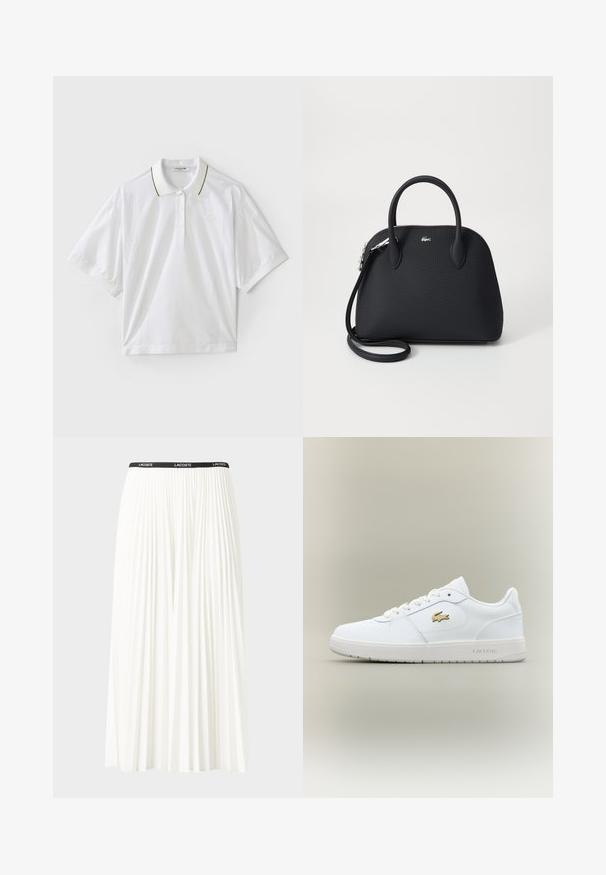 Weißes Polohemd mit kurzen Ärmeln, ausgestattet mit einer Knopfleiste, grünen und gelben Kragenakzenten sowie seitlichen Mesh-Details. LACOSTE-Logo vorhanden.; Faltenrock aus Weiß mit einem schwarzen elastischen Bund, der das "LACOSTE"-Logo trägt. Mittellanges Design mit weicher Textur.; Weiße Ledersneaker mit einem Low-Top-Design, runder Zehenpartie, Schnürverschluss und einem goldenen Lacoste-Logo-Akzent an der Seite.; Schwarze Handtasche aus strukturiertem Material, mit zwei oberen Griffen und einem abnehmbaren Schulterriemen, mit einem silbernen Logo-Element.