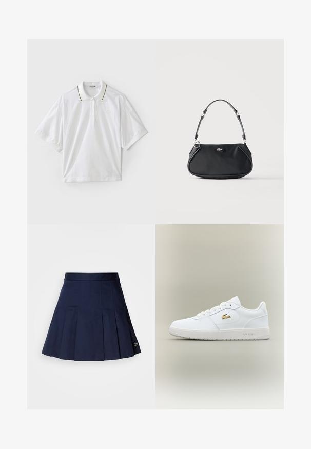 T-shirt polo blanc à manches courtes, avec une patte de boutonnage, des accents de col verts et jaunes, et des détails en mesh sur les côtés. Logo LACOSTE présent.; Jupe plissée bleu marine avec une taille ajustée, fabriquée à partir d'un tissu lisse. Présente un petit logo Lacoste sur l'ourlet.; Baskets en cuir blanc avec un design basse, bout arrondi, fermeture à lacets et un accent du logo doré Lacoste sur le côté.; Sac d'épaule noir avec sangle réglable, fermeture éclair et petit logo crocodile argenté au centre devant.