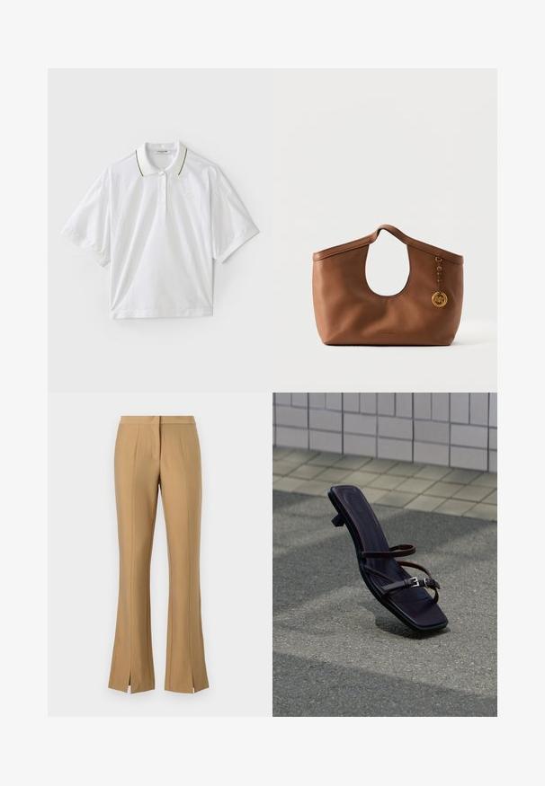 Witte polo met korte mouwen, voorzien van een knoopsluiting, groene en gele kraagaccenten en zijkanten van mesh. LACOSTE-logo aanwezig.; Beige uitlopende broeken met een voorinsnijding, gemaakt van zachte stof. Beschikt over een platte tailleband en scherpe plooidetails die langs de benen lopen.; Donkerbruine lederen sandaal met dunne bandjes en gespen, rechtopstaand op asfalt vlakbij een betegelde muur.; Bruine leren handtas met afgeronde handvatten, gebogen bovenrand en gouden Michael Kors logo bedel aan de zijkant.