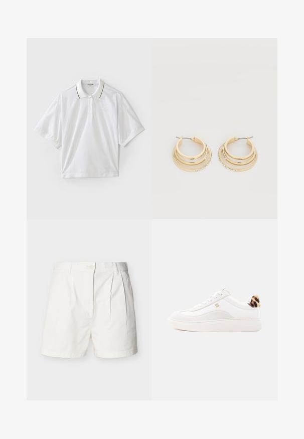Hvid polo skjorte med korte ærmer, med en knaplukning, grønne og gule krave accenter og mesh-detaljer i siderne. LACOSTE logo til stede.; Hvide bomuldsshorts med et skræddersyet design, der har læg, lukning med knapper foran og sidelommer. Glat tekstur, knælængde.; Hvid lavtsiddende sneaker med snørebånd foran, gyldent "HUGO" logo på siden og leopardprint detalje på hælflappen.; Øreringe med tredobbelt ring i guldfarve med små klare rhinsten langs den ydre kant, lagt fladt på en ensfarvet hvid baggrund.