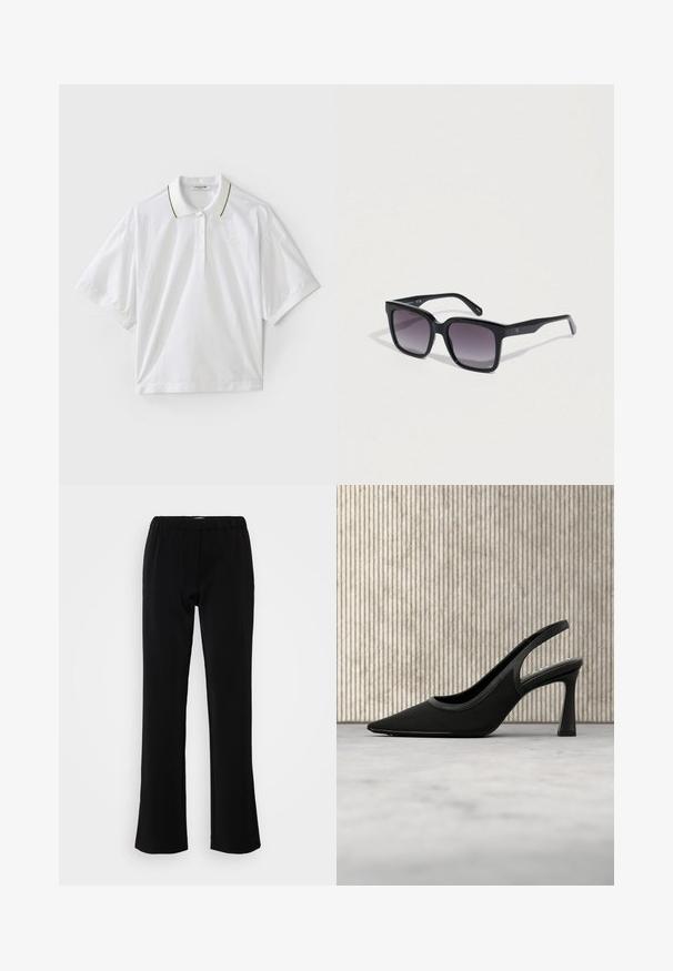 Weißes Polohemd mit kurzen Ärmeln, ausgestattet mit einer Knopfleiste, grünen und gelben Kragenakzenten sowie seitlichen Mesh-Details. LACOSTE-Logo vorhanden.; Schwarze Hose mit ausgestelltem Design, hergestellt aus einem glatten Stoff. Verfügt über einen elastischen Bund für Komfort und eine saubere, schlichte Silhouette.; Schwarzer Slingback-Pumps mit spitzer Zehenpartie und DKNY-Logo innen, auf einem reflektierenden Boden nahe einem Metallgestell mit Leinwänden platziert.; Schwarze rechteckige Sonnenbrille mit verlaufenden dunklen Gläsern. Glatter Kunststoffrahmen mit dezentem Logo an der Seite, kantiges Design.