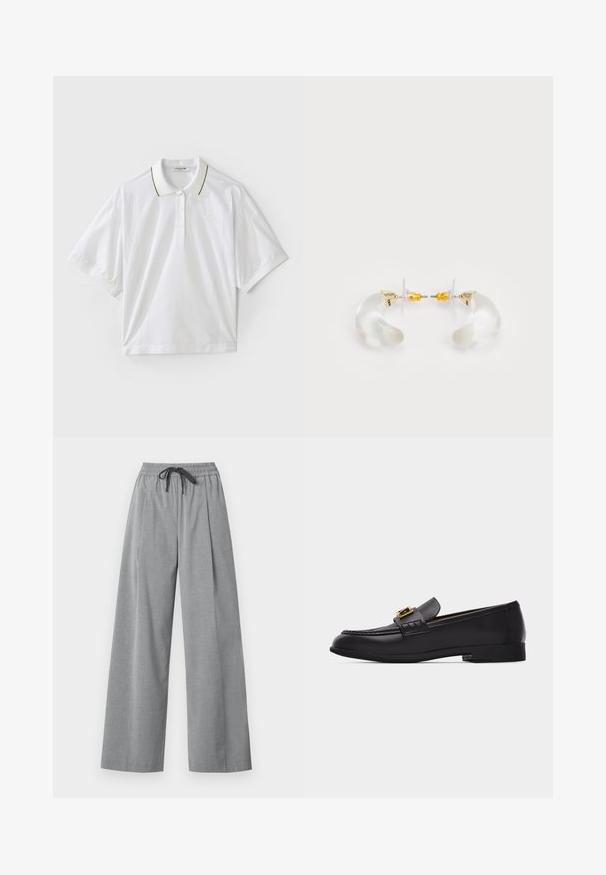 Witte polo met korte mouwen, voorzien van een knoopsluiting, groene en gele kraagaccenten en zijkanten van mesh. LACOSTE-logo aanwezig.; Lichtgrijze broek met wijde pijpen, elastische tailleband en zwart trekkoord, gemaakt van gladde stof, weergegeven op een witte achtergrond.; Zwarte leren loafer met een gouden gespdetail en lage hak, zijaanzicht op een eenvoudige lichte achtergrond.; Heldere acryl oorringen met gouden accenten, met een gebogen ontwerp en transparante sluiting. Gladde textuur, minimalistische stijl.