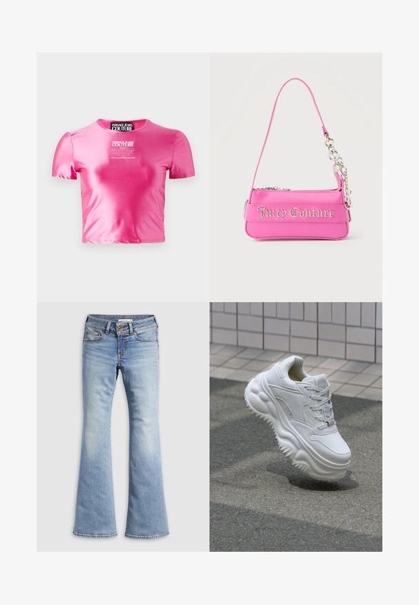 Rosa bauchfreies T-Shirt aus einem glatten, glänzenden Stoff. Verfügt über kurze Ärmel und einen runden Halsausschnitt mit einem weißen Textlogo in der Mitte.; Hellblaue Schlagjeans aus Denim. Verfügt über einen Knopfverschluss, fünf Taschen und eine ausgewaschene Textur mit nahtlosen Säumen.; Weiße Leder-Sneaker mit einer massiven Sohle, strukturierten Details und Schnürverschluss. Verfügt über geformte Akzente und eine glatte Oberfläche.; Kleine, leuchtend pinke Juicy Couture Handtasche mit silbernen Kettendetails und Logo-Schriftzug auf der Vorderseite, schmaler einzelner Schulterriemen.