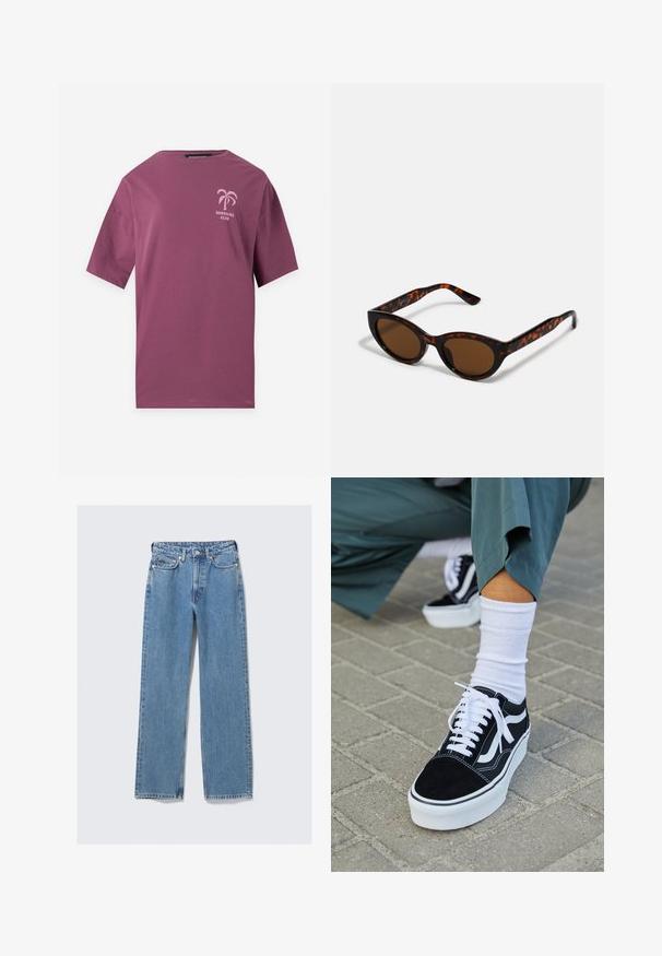 Paars T-shirt met korte mouwen met een kleine roze palmboom en de tekst "Sunshine Club" op de linkerborst.; Blauwe denim jeans met hoge taille en rechte pijpen, voorzien van knoopsluiting aan de voorkant, rits, riemlussen en een ontwerp met vijf zakken op een effen lichte achtergrond.; Zwarte suède sneaker met witte accenten en veters, uitgerust met een dikke witte zool en contrasterende stiksels, gecombineerd met een witte sok.; Bruine schildpad zonnebril met een vintage cat-eye vorm en bruine lenzen. Heeft gebogen armen met rode accenten.