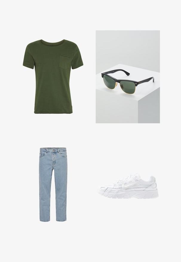 T-shirt vert olive à manches courtes avec col rond, petite poche poitrine côté gauche et détails de couture simples.; Jean en denim bleu clair à coupe droite, cinq poches, passants de ceinture et braguette à boutons, présenté sur fond blanc uni.; Nike Sportswear P 6000 - Baskets basses - white/platinum tint; Lunettes de soleil Ray-Ban avec des verres verts, monture en plastique noir et accents dorés sur les bords. Forme carrée avec une finition mate.