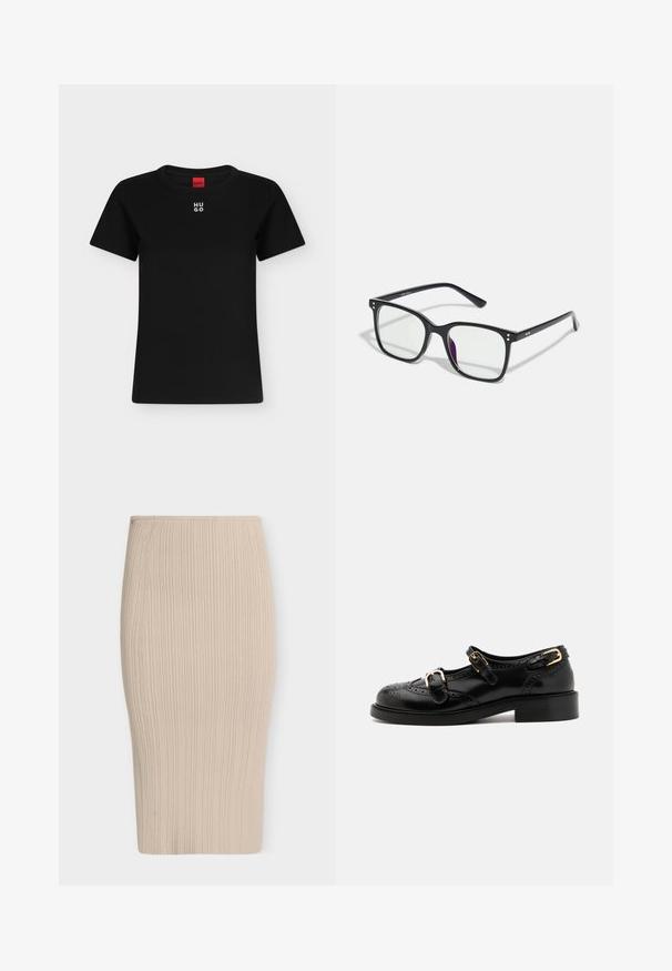 Zwart T-shirt met korte mouwen en ronde hals met wit "HUGO"-logo gecentreerd vlakbij de kraag, rood label binnenin de hals.; Beige geribde gebreide kokerrok met hoge taille en knielange zoom.; Zwarte leren schoenen met brogue-details, voorzien van twee gespsluitingen, een ronde neus en een lage hak. Glad oppervlak met een glanzende afwerking.; Zwarte rechthoekige brillen met heldere glazen, voorzien van gouden accenten op het montuur en een lichte paarse tint op één glas.