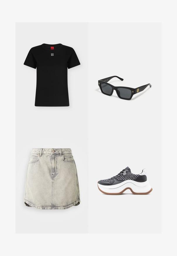 Zwart T-shirt met korte mouwen en ronde hals met wit "HUGO"-logo gecentreerd vlakbij de kraag, rood label binnenin de hals.; Denim rok in lichtgrijs met een vervaagde textuur, voorzien van een knoopsluiting in de taille, voorzakken en een licht gebogen zoom.; Zwart-witte sneaker met een gestructureerd bovenwerk met patronen, dikke witte zool en rubberen buitenzool. Zilverkleurige metalen accenten aanwezig.; Zwarte zonnebril met een matte afwerking, rechthoekige montuur, donkere glazen en een gouden accentlogo aan de zijkant.