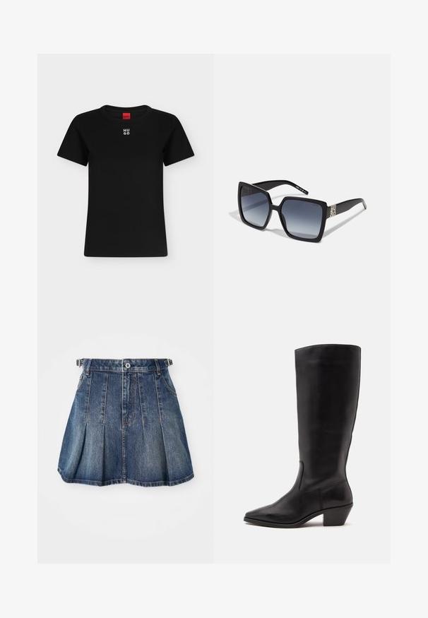 T-shirt noir à manches courtes avec col rond et logo blanc "HUGO" centré près du col, étiquette rouge à l'intérieur de l'encolure.; Jupe en denim avec un lavage bleu foncé, design plissé, fermeture à boutons et passants de ceinture. Présente des accents de couture subtils et des poches latérales.; Botte en cuir noire mi-mollet avec un bout pointu et un talon bas incliné sur un fond clair uni.; Lunettes de soleil carrées noires avec des verres dégradés, logo dominant sur le côté, monture épaisse et texture lisse.