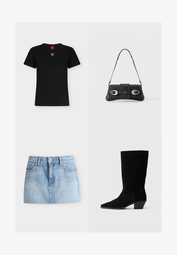 Zwart T-shirt met korte mouwen en ronde hals met wit "HUGO"-logo gecentreerd vlakbij de kraag, rood label binnenin de hals.; Lichtblauwe denim minirok met knopen en rits aan de voorkant, twee frontzakken en riemlussen.; Zwarte suede enkellaars met een spitse neus, een schacht van gemiddelde hoogte en een chunky hak. Heeft minimaal stikwerk en een gladde textuur.; Zwarte leren schoudertas met twee zilveren gespen en een verstelbare band, met het "HUGO"-logo in het midden aan de voorkant.