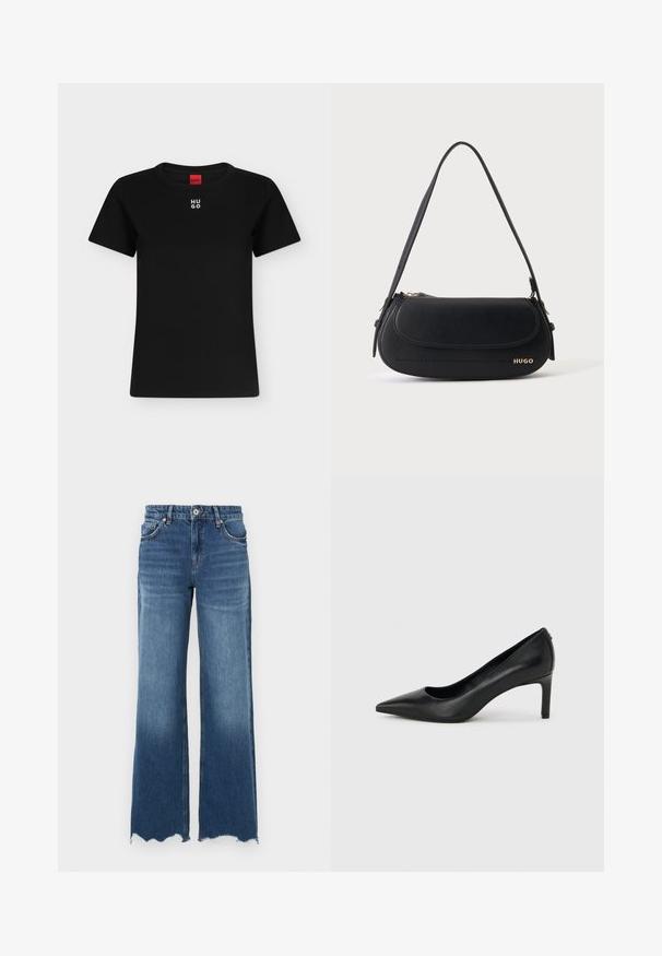 T-shirt noir à manches courtes avec col rond et logo blanc "HUGO" centré près du col, étiquette rouge à l'intérieur de l'encolure.; Jean flare en denim bleu moyen, avec un ourlet effiloché, cinq poches et une fermeture avant à boutons.; Escarpin à bout pointu en cuir noir avec un talon fin de hauteur moyenne sur un fond gris clair uni.; Sac à épaule en cuir noir avec rabat incurvé, logo doré "HUGO" sur le devant, et une bandoulière réglable.