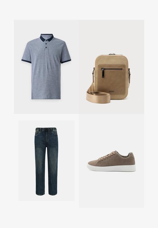 Polo gris à manches courtes avec un col et des poignets de manche navy. Il dispose de trois boutons noirs et d'une texture chinée discrète.; Jean en denim bleu foncé avec ceinture élastique et cordon noir et blanc, coupe droite, avec poches avant.; Baskets en daim marron avec des semelles en caoutchouc blanc plat, design lacé, bout rond et texture lisse. Style minimaliste avec des détails de couture subtils.; Petit sac bandoulière beige avec poche avant zippée, logo métallique ALDO, sangle large ajustable et forme rectangulaire arrondie sur fond blanc.