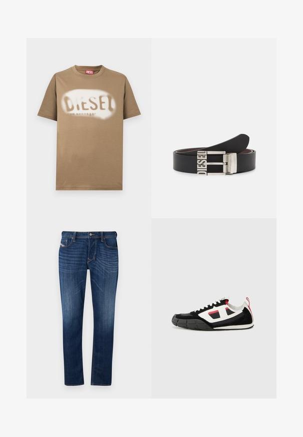 T-shirt en coton marron avec un logo "DIESEL" peint en blanc au pochoir. Col rond classique et manches courtes avec une texture lisse.; Jean en denim bleu foncé avec une coupe droite, dotés d'un design à cinq poches, de coutures visibles et d'une fermeture à bouton en métal à la taille.; Diesel S PAGODHA LOW - Baskets basses - black; Ceinture en cuir noir avec une boucle en métal argenté portant le texte en relief "DIESEL". Le design est épuré avec une texture lisse.