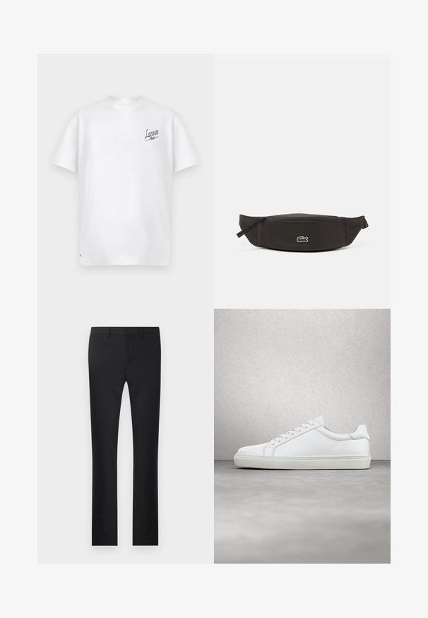 Biela bavlnená tričko s kulatým výstrihom a krátkymi rukávmi. Na ľavej strane hrudníka sa nachádza zelené logo "Lacoste Paris". Mäkka textúra.; Čierne nohavice so rovnými nohavicami, vyrobené z hladkého materiálu. Obsahujú predné vrecká, zapínanie na gombík a pútka na opasok.; Biele tenisky s hladkým koženým zvrškom a nízkym profilom. Majú zaoblenú špičku, šesť očiek a štruktúrovanú gumovú podrážku.; Čierna nylonová ľadvinka s hladkou textúrou, so zipsom a malým zeleným logom krokodíla Lacoste na prednej strane. Navrhnutá na ľahké nosenie.