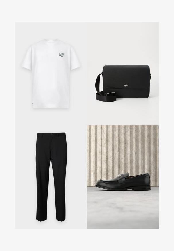 Biela bavlnená tričko s kulatým výstrihom a krátkymi rukávmi. Na ľavej strane hrudníka sa nachádza zelené logo "Lacoste Paris". Mäkka textúra.; Čierne elegantné nohavice s hladkým predným dielom, štandardným pásom a priamymi nohavicami. Vyrobené z hladkej tkaniny, s jedným gombíkom na zapínanie.; Čierny kožený loafer s kovovou značkovou platničkou ležiaci pri hnedom okrúhlom stole na béžovej koberci.; Čierna kožená crossbody taška s hladkým povrchom, predným klopovým uzáverom, strieborným logom a nastaviteľným textilným popruhom.