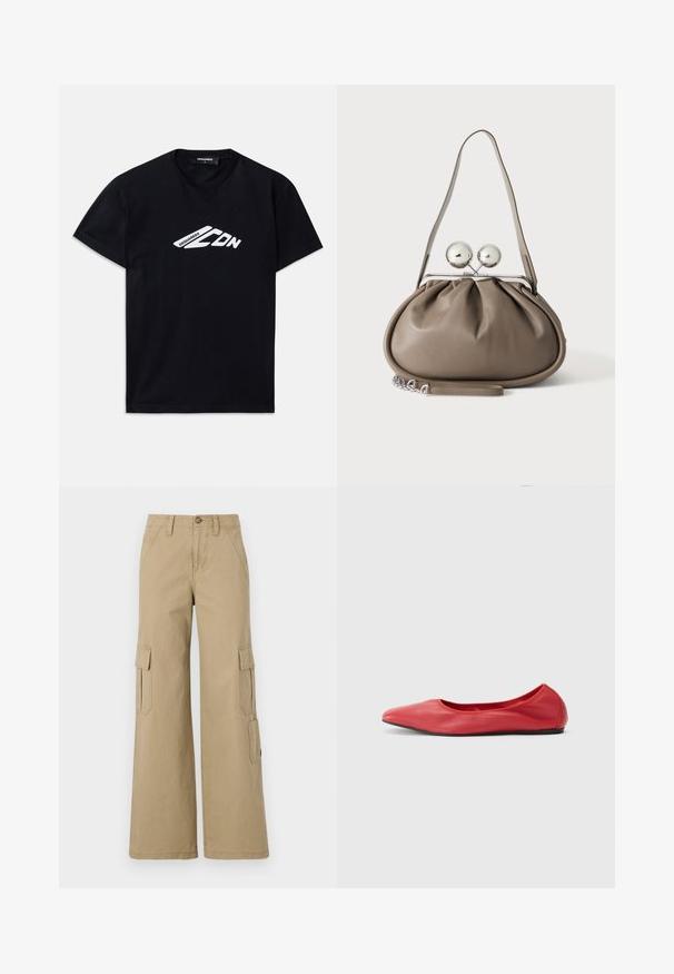 T-shirt en coton noir à manches courtes et col rond. Présente un logo graphique blanc "DSQUARED2 CDN" à l'avant.; Pantalons cargo beiges à jambes larges, dotés de deux poches à rabat sur les côtés, d'une fermeture à bouton et d'un tissu en coton lisse.; Filippa K REY FLATS - Ballerines - bright red; Sac à main en cuir gris de forme arrondie, fermeture supérieure avec deux grandes sphères argentées, et une seule anse.