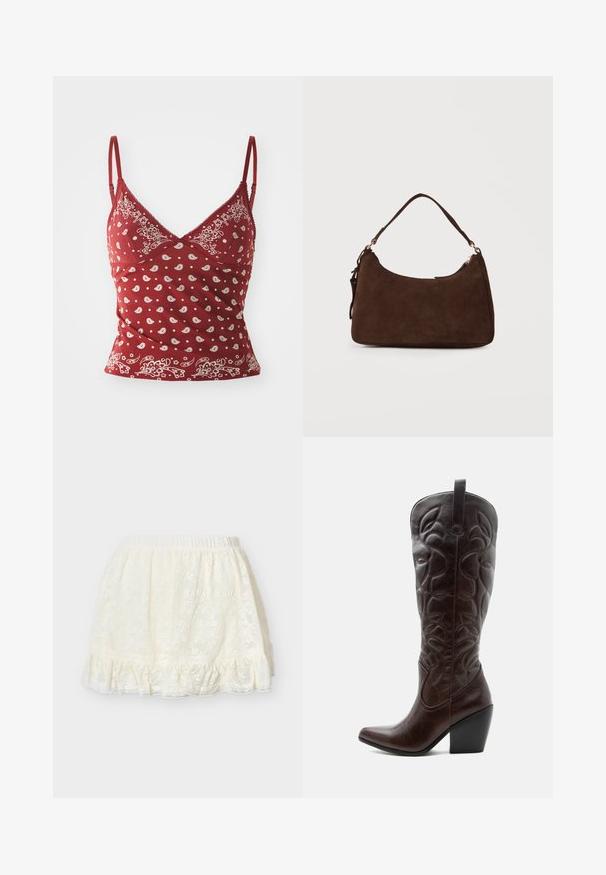 Rød camisole med hvidt paisley mønster, justerbare stropper, v-udskæring og bølget kant. Fremstillet af blødt, let materiale.; Halvlang blondeslip i cremefarve med elastisk taljebånd og flæset kant, designet til at blive brugt under nederdele eller kjoler.; Høj mørkebrun læder cowboystøvle med syede dekorative mønstre, spids tå og stablet blokhæle.; Zign by Zalando LEATHER - Håndtasker - chocolate brown