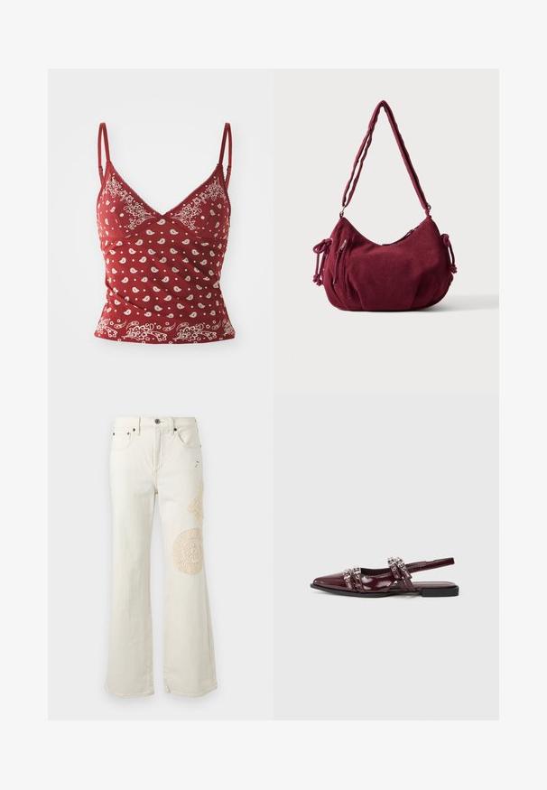 Rød camisole med hvidt paisley mønster, justerbare stropper, v-udskæring og bølget kant. Fremstillet af blødt, let materiale.; Off-white jeans med lige ben, forlommer og beige hæklet patchworkdetaljer på højre lår og knæ.; Bordeaux patentlæder slingback flad sandal med spids tå, der har dekorerede remme med metalliske detaljer.; Blød bordeaux kordfløjls skuldertaske med justerbar rem, lynlås lukning, sidelommer med bindebånd og en front lynlåslomme.