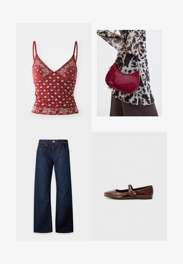 Rød camisole med hvidt paisley mønster, justerbare stropper, v-udskæring og bølget kant. Fremstillet af blødt, let materiale.; Mørkeblå jeans med brede ben, knap- og lynlåslukning, for- og baglommer, bæltestropper og kontrastsyninger, lagt fladt på en hvid baggrund.; Brun patentlæder balletflade med firkantet tå og strop med en lille guldbuckle. Glat tekstur, lav hæl og minimalistisk design.; Kvinde iført en sort- og hvidmønstret bluse, der holder en blank rød skuldertaske mod en ensfarvet baggrund.