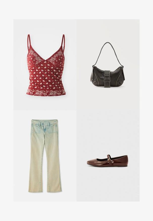Rød camisole med hvidt paisley mønster, justerbare stropper, v-udskæring og bølget kant. Fremstillet af blødt, let materiale.; Lyseblå denim flared jeans med en falmet finish, der har bæltestropper, to forvaskede lommer og to baglommer med synlige syninger.; Brun patentlæder balletflade med firkantet tå og strop med en lille guldbuckle. Glat tekstur, lav hæl og minimalistisk design.; Sort læder skuldertaske med spænde på remmen, afrundede kanter og kontrasterende hvide syninger på en ensfarvet baggrund.