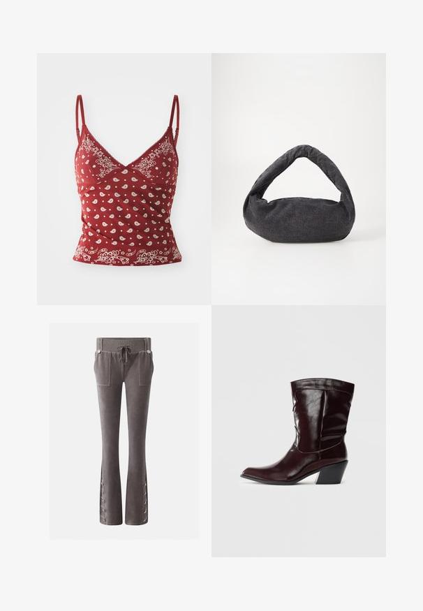 Rød camisole med hvidt paisley mønster, justerbare stropper, v-udskæring og bølget kant. Fremstillet af blødt, let materiale.; Grå velourbukser med ribbet snøre i taljen, forlommer og knapdetaljer med snørebånd på udvidede kanter.; Bordeaux læder ankelstøvler med spids tå, tekstureret overflade og en lav, taperet hæl. Har diskrete søm og en tætsiddende pasform.; Mørkegrå stofpose med et buet håndtag, blød tekstur og rund form. Ingen synligt hardware eller pynt.