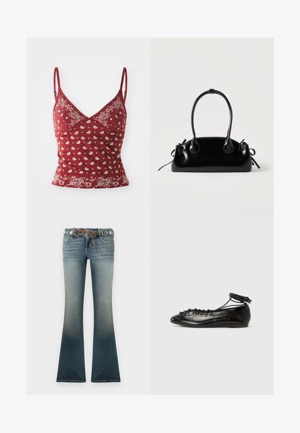 Rød camisole med hvidt paisley mønster, justerbare stropper, v-udskæring og bølget kant. Fremstillet af blødt, let materiale.; Flared denim jeans i en gradient fra lys til mørk blå, med en broderet talje og en brun snor for ekstra detalje.; Sorte balletflade sko i laklæder med rundet tå, snørelukning og flad sål. Glat tekstur med få detaljer.; Lille sort blank håndtaske med to lange håndtag og snøre-detaljer i siden på en ensfarvet lys baggrund.