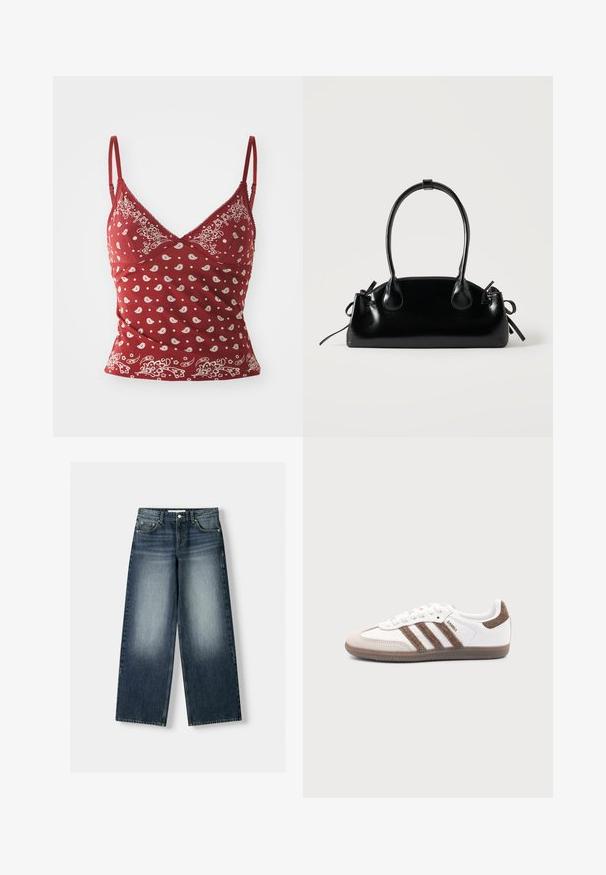 Rød camisole med hvidt paisley mønster, justerbare stropper, v-udskæring og bølget kant. Fremstillet af blødt, let materiale.; Bredde ben denim jeans i mørkeblå, med en falmet vaskeffekt. Fem-lommes design med knaplukning og bæltestropper.; Hvid Adidas Samba sneaker med brune ruskindstriber, brun gummisål og beige ruskindståhætte, vist fra ydersiden på en ensfarvet baggrund.; Lille sort blank håndtaske med to lange håndtag og snøre-detaljer i siden på en ensfarvet lys baggrund.