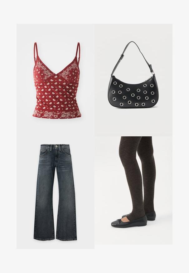 Rød camisole med hvidt paisley mønster, justerbare stropper, v-udskæring og bølget kant. Fremstillet af blødt, let materiale.; Mørkvaskede jeans med brede ben, let falmede lår, klassisk fem-lomme design og synlige stikninger, lagt fladt på en hvid baggrund.; Ben iført mørke ribbede leggings kombineret med sorte balletsko med små sløjfedetaljer på hvid baggrund.; Sort læder skuldertaske med justerbar rem, dekoreret med sølvfarvede metalnitter og lukning med øverste lynlås.