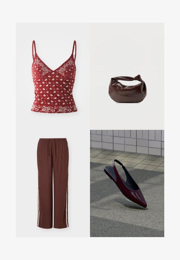 Rød camisole med hvidt paisley mønster, justerbare stropper, v-udskæring og bølget kant. Fremstillet af blødt, let materiale.; Brune løstsiddende bukser med hvide sidelommer, elastisk talje og snøre, vist på en ensfarvet baggrund.; Bordeaux laklæder slingback flad sko med spids tå, svævende over tekstureret fortov nær flisebelagt væg.; Mørkebrun læder skuldertaske med en blød, afslappet form og et snoet knudehåndtag på en ensartet hvid baggrund.