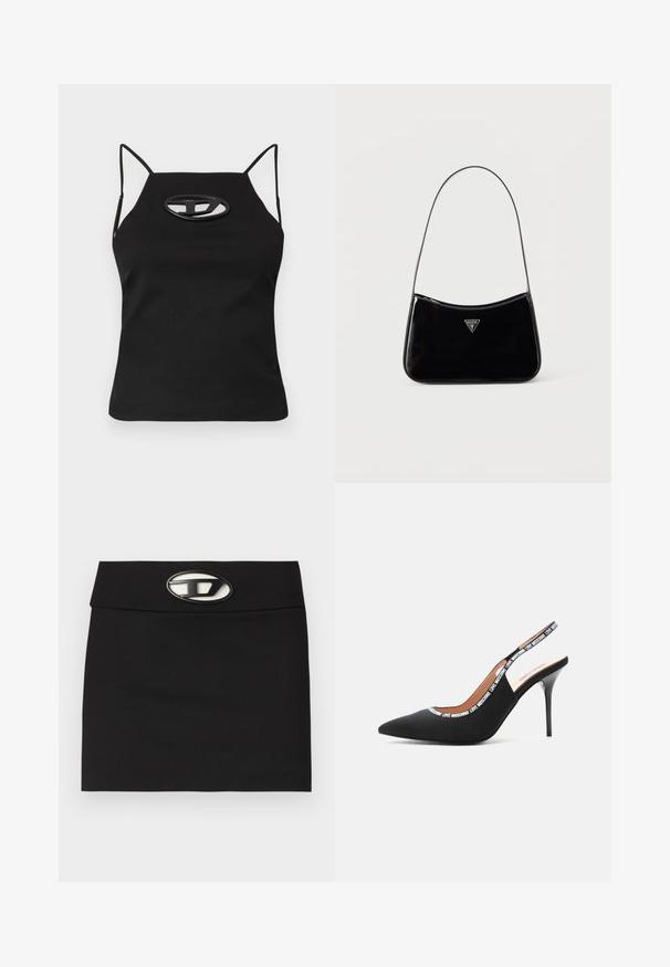 Haut sans manches noir avec des bretelles fines, présentant un détail ovale découpé au niveau de la poitrine. Fabriqué en tissu lisse et extensible.; Mini-jupe noire avec une taille plate. Dotée d'une boucle logo métallique proéminente à l'avant. Fabriquée en tissu lisse sans motifs visibles.; Love Moschino LOGO TAPE - Escarpins à talons hauts - black; Sac à bandoulière en cuir verni noir avec une sangle fine, logo triangulaire Guess sur le devant et une fermeture éclair supérieure.