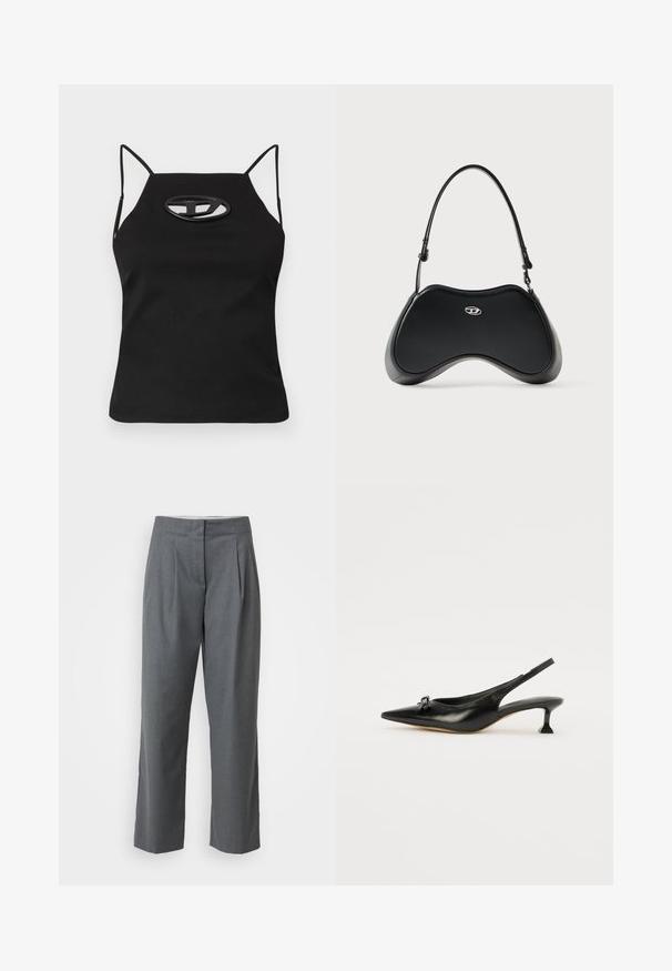 Haut sans manches noir avec des bretelles fines, présentant un détail ovale découpé au niveau de la poitrine. Fabriqué en tissu lisse et extensible.; Pantalons gris ajustés à coupe droite, avec une texture lisse, des plis devant et des poches latérales. Pas de quincaillerie ou d'accents visibles.; Chaussure slingback en cuir noir avec un bout pointu et un petit talon bloc. Présente un détail de nœud décoratif sur le dessus. Texture lisse sur toute la surface.; Sac à main en similicuir noir avec une forme incurvée unique, une poignée courte et un détail de logo argenté sur le devant. Texture lisse, design minimaliste.