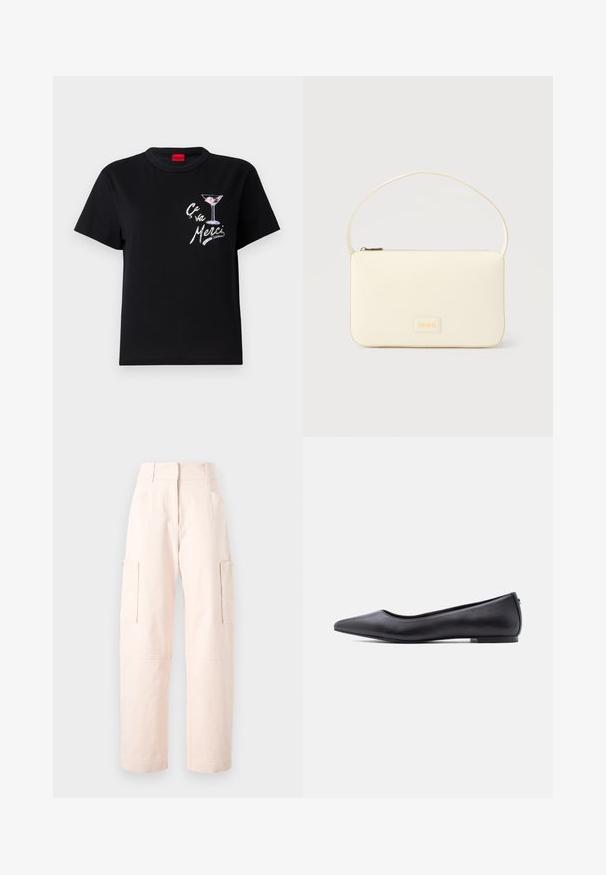 Schwarzes Baumwoll-T-Shirt mit kurzen Ärmeln, verfügt über eine weiße und rosa Grafik eines Martini-Glases und den Text "Ça va Merci" in einer verspielten Schriftart.; Helle rosa Cargo-Hosen aus Baumwolle, mit geradem Schnitt, zwei Seitentaschen und einem Bund mit elastischen Details.; Schwarzer flacher Lederschuh mit spitzer Kappe und niedrigem Absatz, seitlich vor weißem Hintergrund gezeigt.; Rechteckige Handtasche in Cremefarbe mit einem einzelnen Trageriemen und Reißverschluss oben, ausgestattet mit einer kleinen, geprägten Logoplakette vorne.