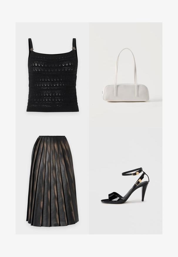Débardeur en crochet noir avec bretelles fines et petits accents décoratifs métalliques près des épaules.; Jupe midi plissée noire avec une finition texturée légèrement brillante et un petit logo près de la ceinture.; Sandale à talon haut en cuir verni noir avec double bride de cheville et boucles dorées, bout ouvert, et talon effilé sur fond neutre.; Sac d'épaule rectangulaire blanc avec des bretelles longues et fines, couture minimale, et fermeture éclair sur un fond uni.