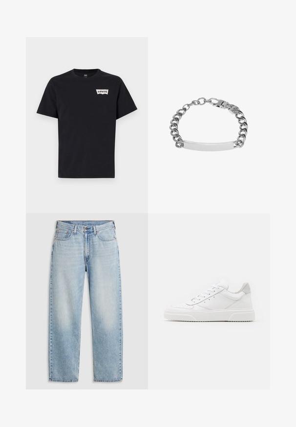 Schwarzes Baumwoll-T-Shirt mit kurzen Ärmeln, Rundhalsausschnitt und einem kleinen weißen Levi's-Logo auf der linken Vorderseite.; Helleblaue Jeans im geraden Schnitt mit fünf Taschen, Metallknopfverschluss und verblasstem Detail an Oberschenkeln und Knien, flach auf einem weißen Hintergrund ausgebreitet.; Weiße Leder-Sneaker mit glatter Oberfläche, rundem Zehenbereich, flachen Schnürsenkeln und strukturiertem Schuhsohlen. Graues Wildleder-Detail an der Ferse.; Silbernes Metallkettenarmband mit einer glatten rechteckigen Platte und einem sicheren Verschluss.