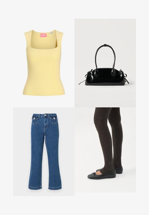 Débardeur sans manches en maille côtelée jaune pâle avec encolure carrée et taille ajustée, taille petite, fabriqué au Bangladesh.; Jean bleu en denim taille haute, évasé, avec coutures surpiquées, deux poches avant et une fermeture à bouton. Texture douce, longueur standard.; Jambes portant des leggings côtelés foncés associés à des ballerines noires avec de petits détails en nœud sur fond blanc.; Petit sac à main noir brillant avec deux longues anses et des détails à cordon sur les côtés sur un fond clair uni.