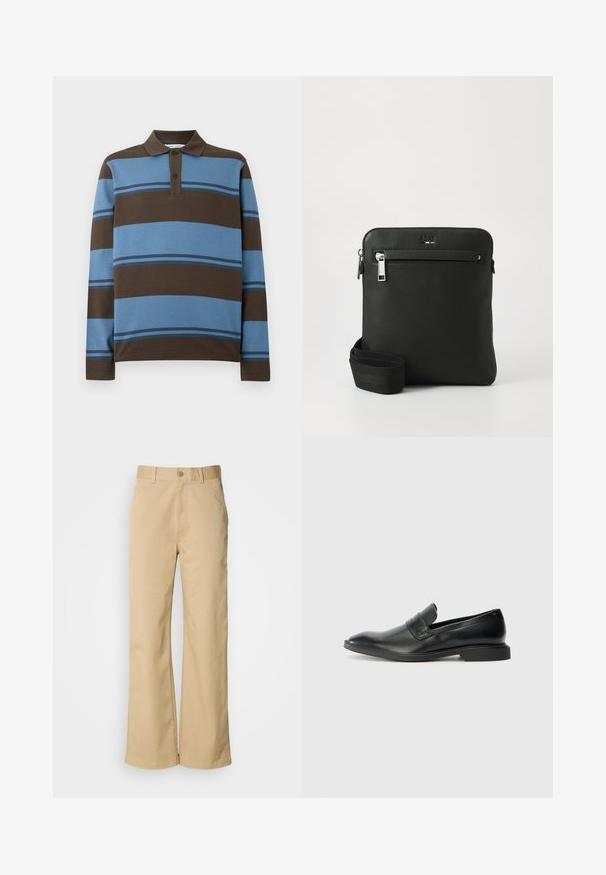 Polo à manches longues, avec des rayures horizontales marron et bleu clair, doté d'une patte de boutonnage à trois boutons et d'un col côtelé.; Pantalon large beige en mélange coton. Fermeture par bouton et passants de ceinture. Texture lisse, avec des détails de couture minimaux.; Mocassins en cuir noir avec une texture lisse, un nez pointu et un petit talon rectangulaire. Présente un détail de bande horizontale sur le dessus.; Sac bandoulière en cuir noir avec un design plat, surface texturée, fermeture éclair, poche avant et une sangle en tissu ajustable.