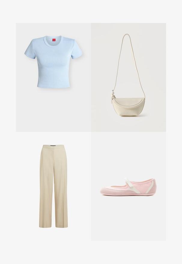 Crop top femme ajusté bleu clair à manches courtes, col rond et logo "HUGO" embossé sur la poitrine.; Pantalon beige à jambes larges en tissu lisse, doté d'une ceinture plate et de deux plis avant pour plus de structure.; Chaussure Mary Jane rose clair avec une bride blanche réglable, une semelle souple et un bout arrondi sur un fond blanc uni.; Petit sac bandoulière en cuir crème avec rabat incurvé et longue lanière fine suspendu sur un fond uni.
