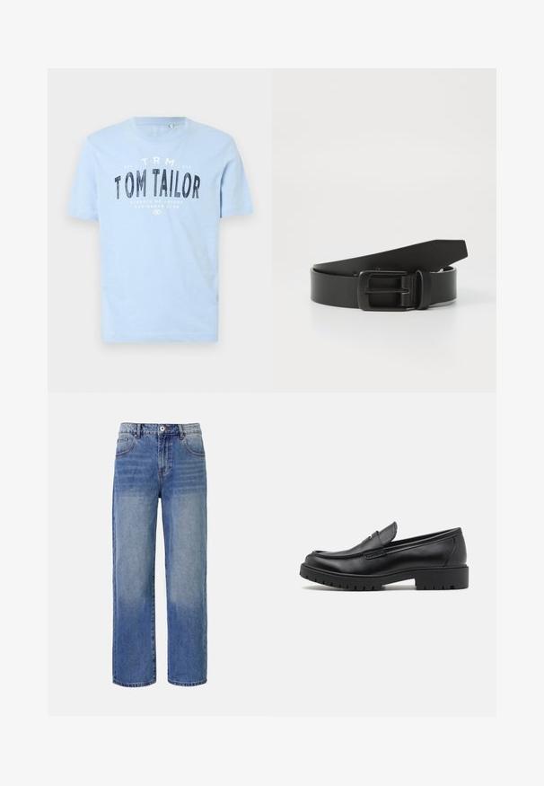 Lyseblå bomulds t-shirt med rund halsudskæring og korte ærmer. Den har kraftig sort trykt tekst: "TOM TAILOR" samt yderligere brandingdetaljer.; Lys blå denim bred benjeans med et falme mønster, fem lommer og lynlås i gylpen. Har en knap og bæltestropper i taljen.; Sorte læder loafers med rund tå, slip-on design og tyk gummisål med tekstureret greb. Forhøjet hæl og subtile syninger.; Sort læderbælte med spænde i mat sort metal, der har en glat tekstur og enkelt design. Justerbar længde med en tilspidset ende.