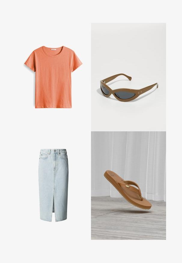 Korte mouwen T-shirt in licht koraal, gemaakt van zachte katoen, met een ronde hals en een gladde textuur zonder patronen of accenten.; Lichtblauwe denim midi-rok met voorsplit, ceintuurlussen, knoop- en ritssluiting, en voor- en achterzakken.; Beige teenslipper met een gestructureerde zool en stoffen banden, zwevend in de lucht tegen een achtergrond van een licht gordijn en houten vloer.; Bruine plastic zonnebril met een langwerpige cat-eye vorm, donkere lenzen en zilveren stipaccenten aan de zijkanten.