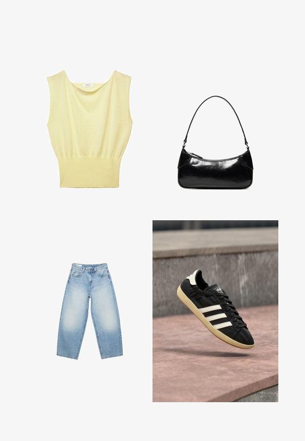 Haut sans manches en tricot jaune pâle avec une large ceinture côtelée et un col rond légèrement drapé.; Jean large taille haute bleu clair avec poches avant, passants pour ceinture et zones décolorées sur les cuisses.; Baskets Adidas noires avec des bandes blanches et une semelle beige, capturées en plein air au-dessus d'une surface en pierre et d'un mur en pierre en arrière-plan.; Sac à épaule en cuir noir brillant avec un seul compartiment zippé et une fine bandoulière arquée.
