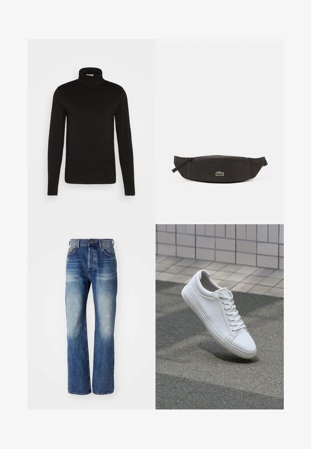 Schwarz, langärmliges Turtleneck-Shirt aus einem glatten Stoff mit figurnaher Passform und hohem, enganliegendem Kragen. Keine sichtbaren Muster oder Akzente.; Blaue Jeans aus Denim mit geradem Bein, das leichte Verblassen und leichte Abnutzungsspuren an der Vorderseite aufweist. Standard Fünf-Taschen-Stil.; Weiße Sneakers mit einem strukturierten Lederobermaterial, flachen Schnürsenkeln und einer glatten Gummisohle. Leicht abgerundete Zehenpartie und minimalistisches Design.; Schwarze Nylon-Gürteltasche mit glatter Textur, Reißverschluss und kleinem grünen Lacoste-Krokodil-Logo auf der Vorderseite. Entwickelt für ein leichtes Tragegefühl.