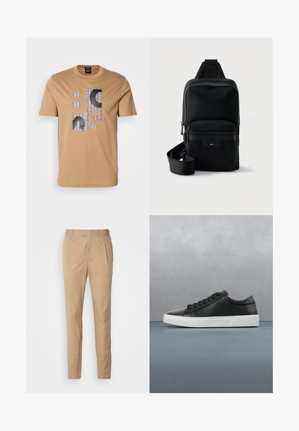 Beige t-paita lyhyillä hihoilla, jossa on mustavalkoiset kuviolaatikkomaiset kirjaimet, jotka kirjoittavat "BOSS" edessä.; Housut vaaleanruskeasta kankaasta, jotka ovat sileät. Niissä on etutaskut, vyölenkit ja kapeneva lahje, joka luo istuvan leikkauksen.; Musta nahkakenkä pyöreällä kärjellä, tekstuuripinnalla, valkoisella kumipohjalla ja mustilla nauhoilla. Minimalistinen muotoilu, jossa on hienostunut profiili.; Musta kompakti olkalaukku, jossa edessä vetoketjutasku, säädettävä hihna ja teksturoitu kangas yksivärisellä taustalla.