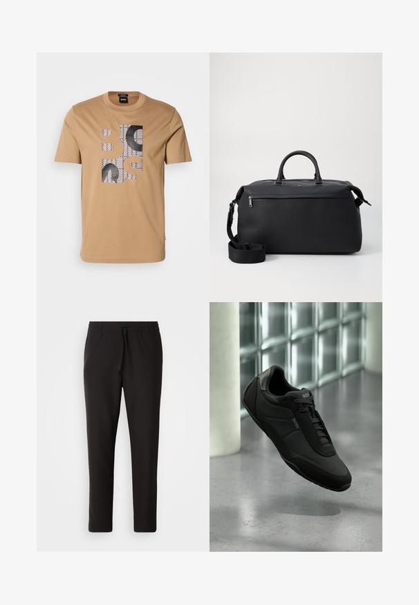 Beige t-paita lyhyillä hihoilla, jossa on mustavalkoiset kuviolaatikkomaiset kirjaimet, jotka kirjoittavat "BOSS" edessä.; Juoksuhousut mustasta sileästä kankaasta. Varustettu elastisella vyötärönauhalla ja nyörillä, supistuvat lahkeet ja ei näkyviä taskuja. Yksinkertainen muotoilu.; Musta nahkainen BOSS-tennari nauhoilla, leijuu heijastavan betonilattian ja lasiblokkiseinän taustalla.; Musta nahkainen matkalaukku, jossa on kaksi yläkahvaa, irrotettava olkahihna ja vetoketjullinen etutasku lisätilaa varten.