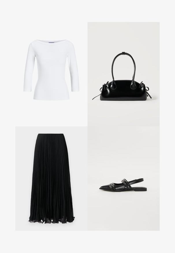 Top blanco de manga larga con cuello barco. La tela es suave, ajustada y presenta un acabado limpio en los puños y el dobladillo.; Falda midi plisada negra con tela translúcida y cinturilla elástica, presentada plana sobre un fondo blanco.; Even&Odd by Zalando Bailarinas con tira trasera - black; Pequeño bolso negro brillante con dos asas largas y detalles de cordón lateral sobre un fondo claro liso.