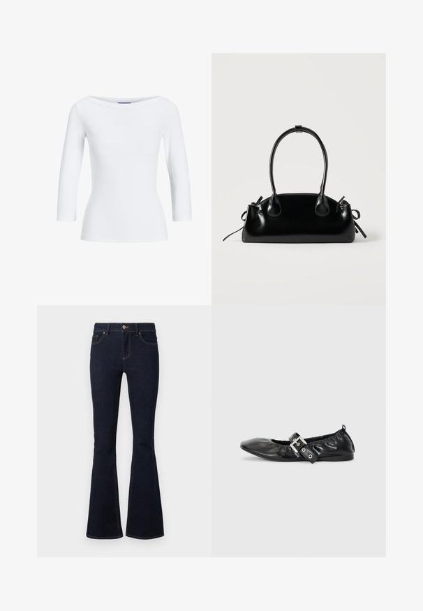 Hvid, ribbet langærmet top med bådudskæring. Stoffet er glat, tætsiddende og har en ren afslutning ved manchetterne og kanten.; Mørkeblå bukser i flared denim med en tætsiddende talje, klassisk fem-lomme design og kontrastsygning langs sømmene.; Sorte læder flade sko med spids tå, samling detaljer omkring åbningen, og en sølv spænde accent på den justerbare rem.; Lille sort blank håndtaske med to lange håndtag og snøre-detaljer i siden på en ensfarvet lys baggrund.
